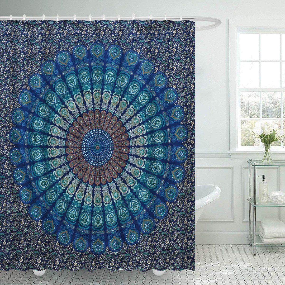 Ulticool Douchegordijn - Mandala Kleed - 180 x 200 cm - Blauw