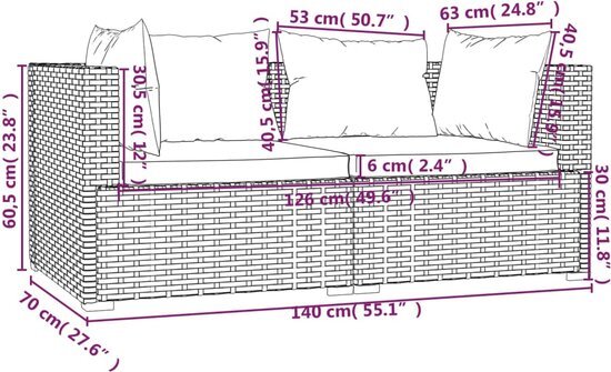 vidaXL 3-delige Loungeset met kussens poly rattan bruin