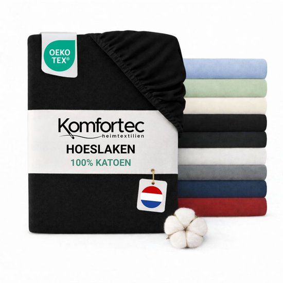 Komfortec Jersey Stretch Hoeslaken 160x200 cm - 23cm Matrasdikte - Rondom Elastiek - 100% Katoen - Zwart
