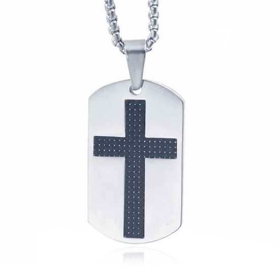 Mendes Jewelry Schakelketting met Zilverkleurige Dogtag Hanger met Zwart Kruis
