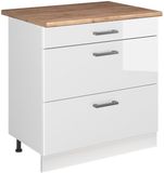Vicco Keukenonderkast R-Line, Wit Hoogglans/Wit, 80 cm met 3 laden goudkleurig eiken werkblad