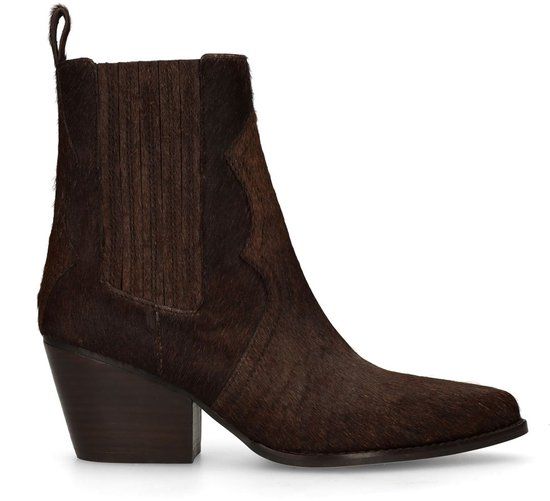 Sacha - Dames - Donkerbruine pony hair enkellaarsjes met hak - Maat 38