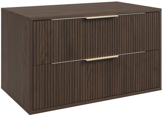 Badplaats Rimini 80 cm - Walnoot Bruin - Hangend Badmeubel met 2 Lades en Gouden Handgrepen
