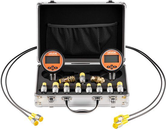 VEVOR Digitale Hydraulische Druktestkoppelingset, 10.000 PSI-Manometertester met 2 meters, 9 Testkoppelingen, 2 Snelkoppelingen en 2 Slangen voor Graafmachines en Bouwmachines