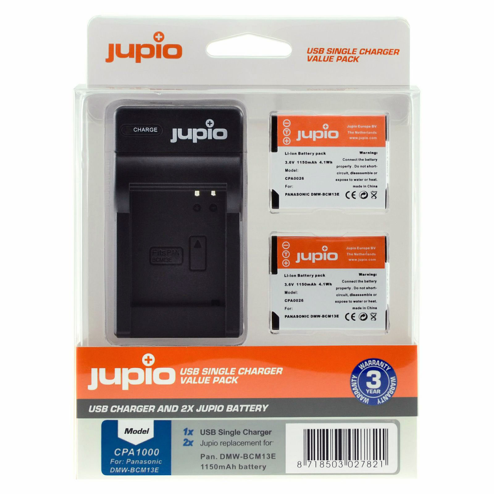 Jupio Kit met 2x Battery DMW-BCM13E 1150mAh + USB Single Charger