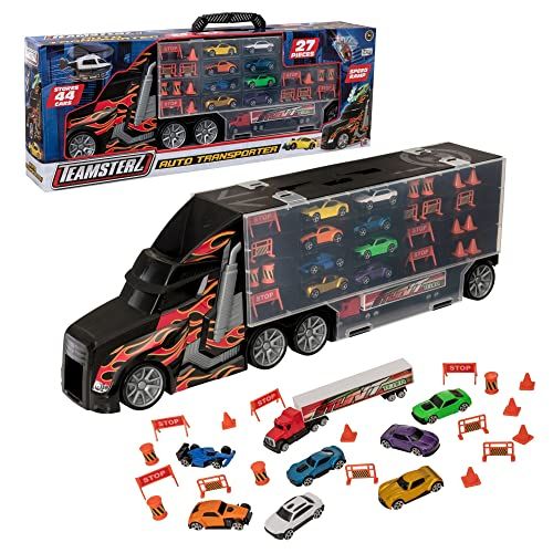 Teamsterz Grote Auto Transporter Launcher Truck | Inclusief negen 3 inch Gegoten Auto's & Bouw Wegwerkaccessoires | Eenvoudige Opslag En Transportable Car Truck Transporter Speelgoed Voor Kinderen Van 3 +