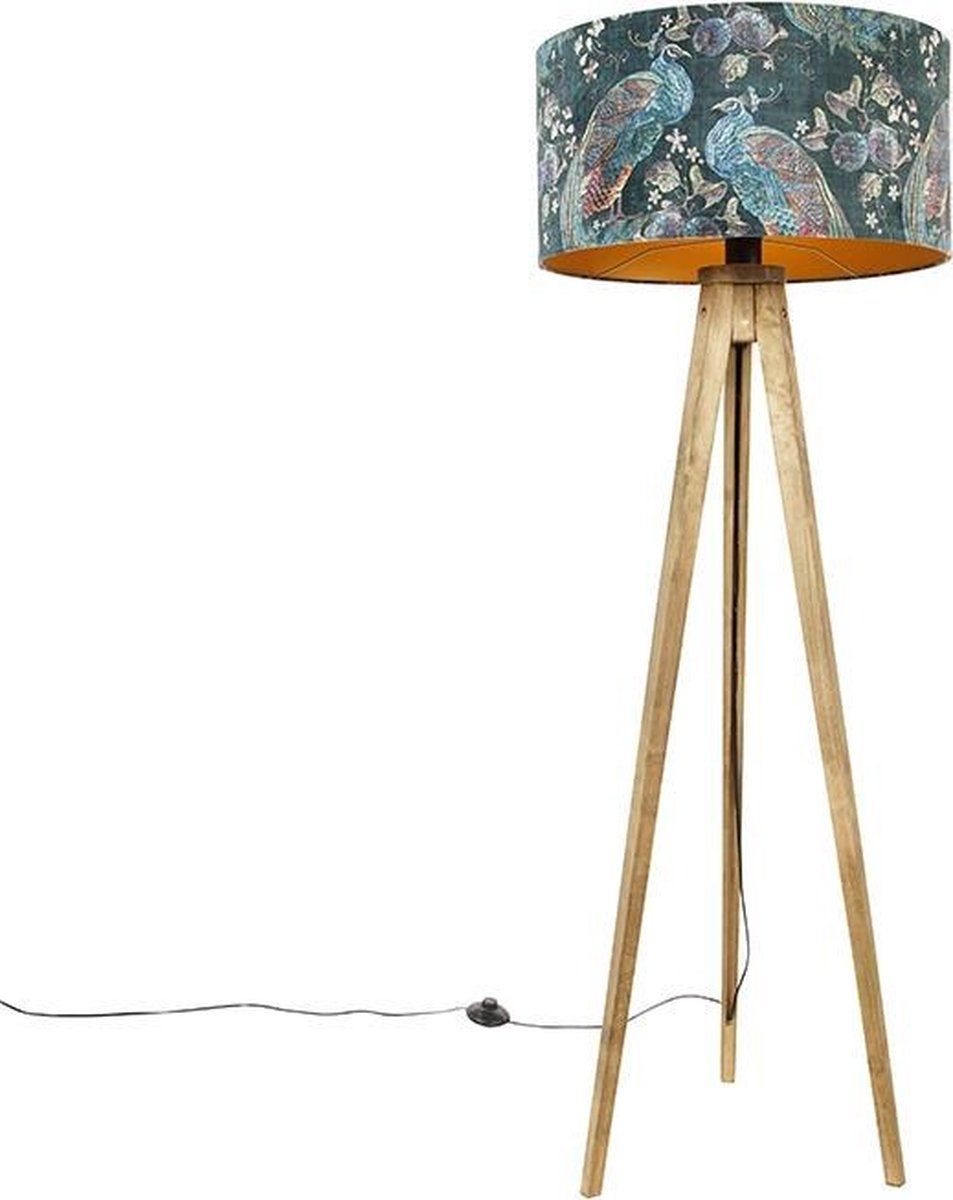 QAZQA Tripod Classic - Floor Lamp - H 136 cm - Green Peacock Print - Wood