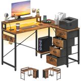 YITAHOME Multifunctioneel hoekbureau met doe-het-zelf opbergrek met 4 niveaus, 2 USB-poorten en elektrische stopcontacten, voor thuis, werkkamer, woonkamer, 130 x 100 x 75 cm, vintage bruin