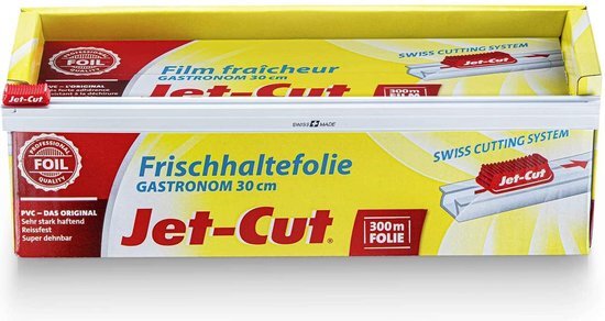 Jet-Cut Catering Horeca Vershoudfolie - Keukenfolie - Folierollen - Transparant Plastic Folie voor het bewaren van voedsel - 300m X 30cm - met snijder en dispenser - Swiss made