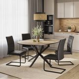 Vicco Eettafel set Loyd Eiken rustiek/Zwart 120 x 120 cm met 4 eetkamerstoelen, zwart