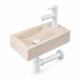 Saniclass Fuente Fonteinset - 40x22x10cm - kraangat rechts - fonteinkraan mat wit - afvoerplug - verlaagd sifon - gemeleerd natuursteen