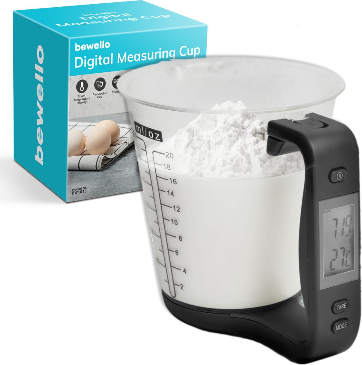 Bewello Keukenweegschaal Digitaal met Kom - max. 1KG / 600ml - Digitale Maatbeker - incl. Gratis Batterij