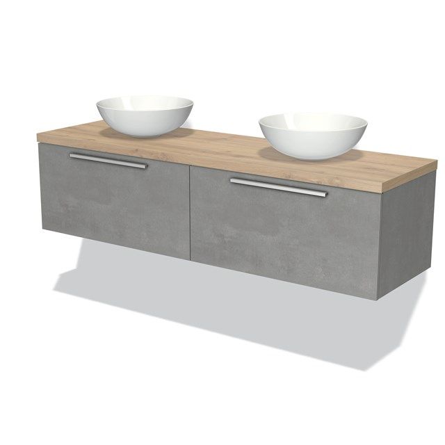 Maxaro Badkamermeubel Modulo Plato 160cm Lichtgrijs Beton 2 Lades Lichtbruin Eiken Blad