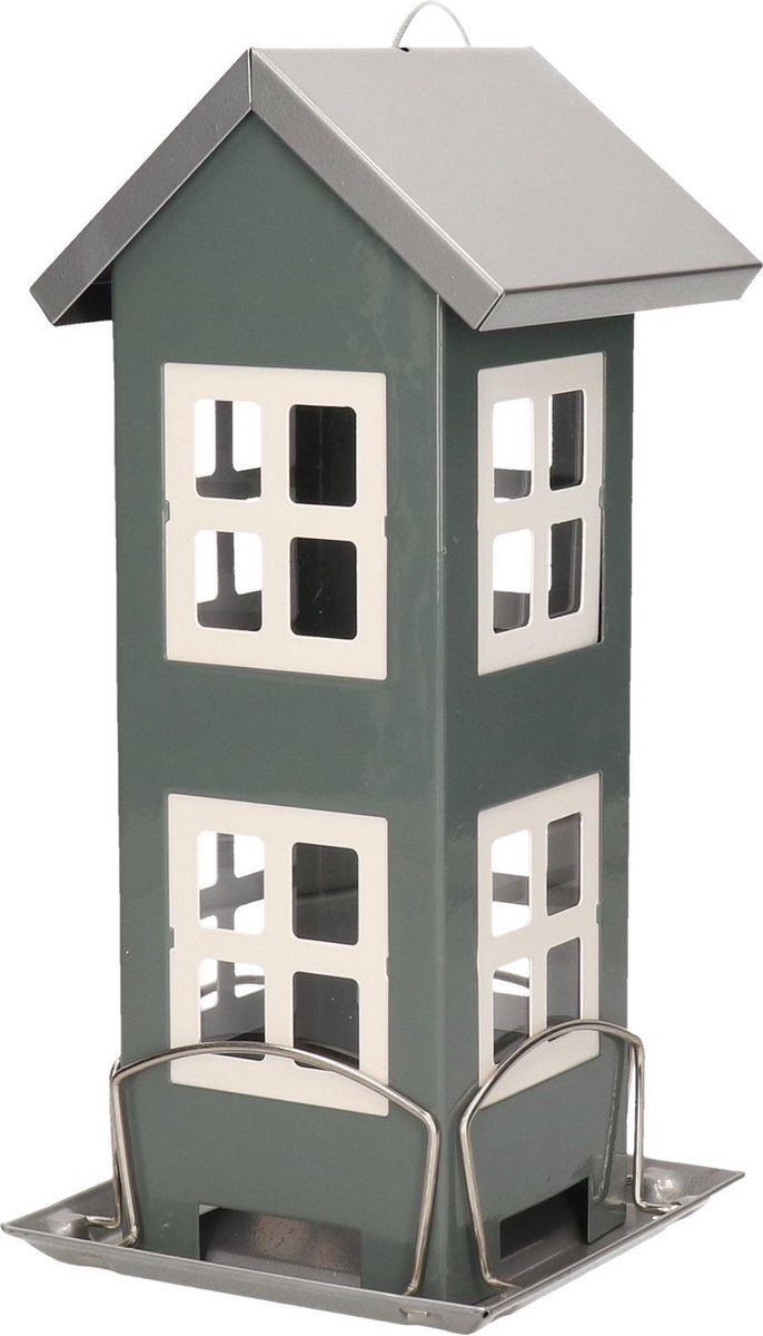 Garden Pro 1x Tuinvogels hangende voeder silo/voederhuisje grijs - 13 x 13 x 27 cm - Winter vogelvoer huisjes