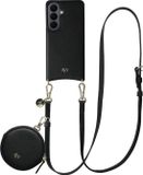 AVY Leren Hoesje geschikt voor Samsung Galaxy S26 Plus | Met Koord en Mini Telefoontasje | Compatibel met MagSafe | Leather Case met 130CM Koord & Pouch | Long Leather | Zwart