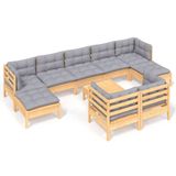 vidaXL 10-delige loungeset met grijze kussens van massief grenenhout