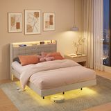 Bealife BF30 Tweepersoonsbed - 140 x 200 cm - Gestoffeerd bed - Jongerenbed - Zwevend Design - met LED-verlichting - Stopcontacten, USB & Type-C - Hoofdbord met Opbergruimte - Beige