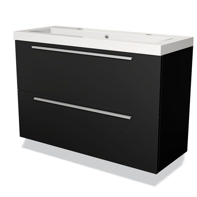 Maxaro Badkamermeubel 100cm Modulo Slim Mat Zwart 2 Lades Vlak Wastafel Mineraalmarmer