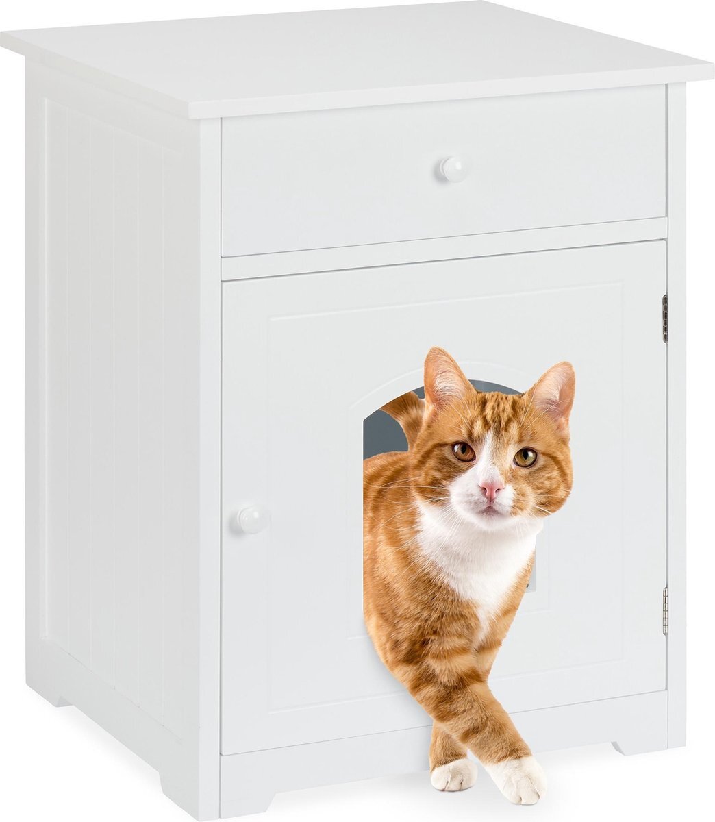 Relaxdays kattenkast voor kattenbak - poezenbak huis - kattenhuis - ombouw - kastje wit