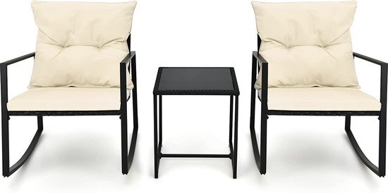 Maxx-garden Tuinset - schommelstoel set - 2 persoons met kussen en tafel - rattan zwart