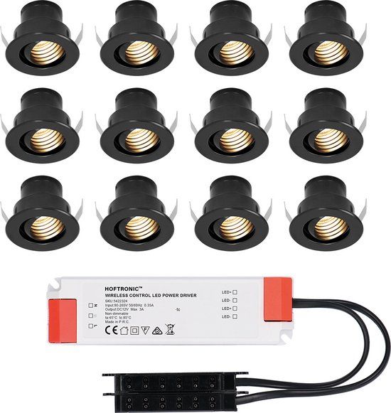HOFTRONIC Set van 12 Medina LED Mini Inbouwspots - Zwart - 12V 3W 150lm - Kantelbaar - IP44 - 2700K