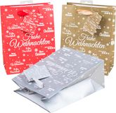 25 Merry X-Mas 25 cadeautassen van papier met glitter, 3 kleuren (12x rood, 7x goud, 6x zilver)