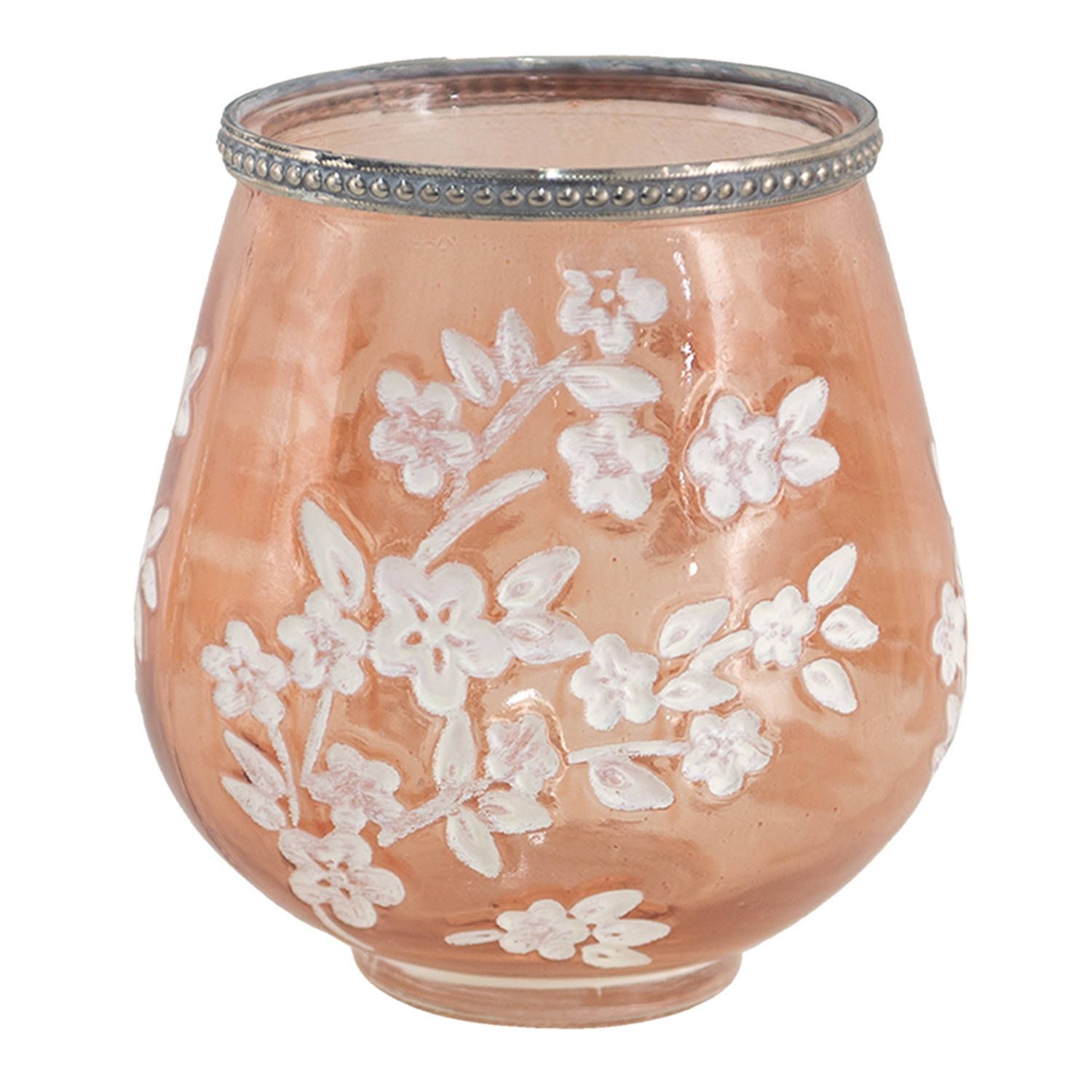 Clayre & Eef Glazen Theelichthouder - ø 13*14 cm - Wit/Roze - Metaal - Bloemen