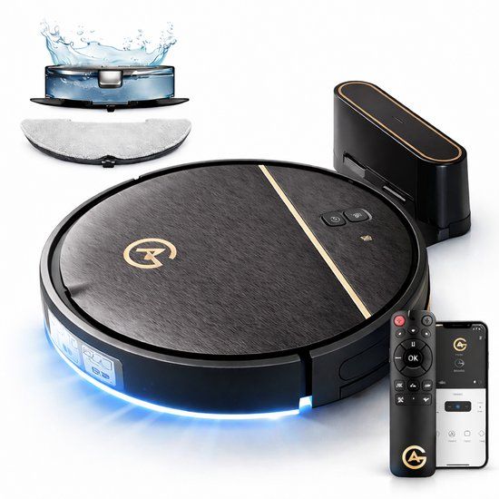 AG Robotstofzuiger met Dweilfunctie – 4500 Pa Zuigkracht – 120 minuten – Oplaadstation – App & Afstandsbediening – Ideaal voor Huisdierhaar, Harde Vloeren en Tapijt – Luxe 2-in-1 Dweilrobot – Gold Stripe Design – 2500 mAh - Black Gold Edition