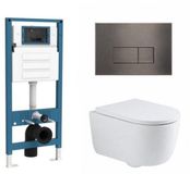 QeramiQ Dely Swirl Toiletset - inbouwreservoir Qeramiq Flush - 35mm zitting - metaal gunmetal bedieningsplaat - rechthoekige knoppen - glans wit