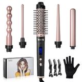 Carehabi Krulstaanset, 5-in-1, keramiek, 9 mm tot 32 mm, met verschillende opzetstukken voor grote en afro-krullen, krultang met lcd-temperatuurweergave 160-230 °C, champagnegoud