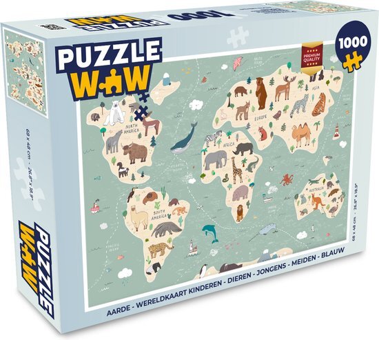 MuchoWow Puzzel Aarde - Wereldkaart kinderen - Dieren - Jongens - Meiden - Blauw - Legpuzzel - Puzzel 1000 stukjes volwassenen - Sinterklaas cadeautjes - Sinterklaas voor grote kinderen