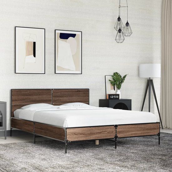 vidaXL Bedframe bewerkt hout metaal bruin eikenkleur 140x200 cm