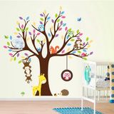 Ambiance Sticker Gigantische boom muurstickers met apen, uil en giraffe decoratie.