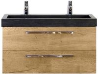 BES LED Seville Badmeubelset 100 cm - Natuur Eiken - Wastafel Hardsteen Wit Lucca 2 Kraangaten