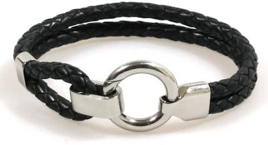 Heaven Eleven - heren armband - Zwart gevlochten Leer dubbel 5mm - Edelstaal RVS sluiting - 21cm MB131