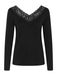 Cream T-shirt à manches longues pour femmes, col en V, dentelle, bordure, coupe droite, jersey, T-shirt pour femmes