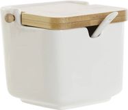 Item International Suikerpotje met lepeltje - wit - porselein - bamboe houten deksel - 11 x 12 cm