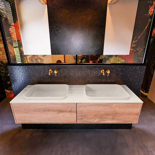 Mondiaz ERIN 150cm badmeubelset - Washed oak - 2 lades - RIDGE dubbel wastafel - Linen