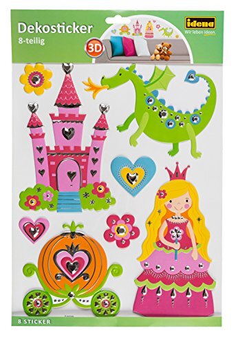 Idena 31259 Decoratieve stickers in 3D-look, prinses met sprookjesslot, draak en koetsje, 8-delig