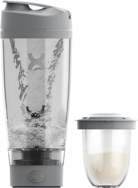 PROMiXX PRO Elektrische Shakebeker - Proteïn Shaker met Poeder Compartiment - Oplaadbare Shake Beker - Shake Mixer - BPA-vrij - 600ml - Cool Grey