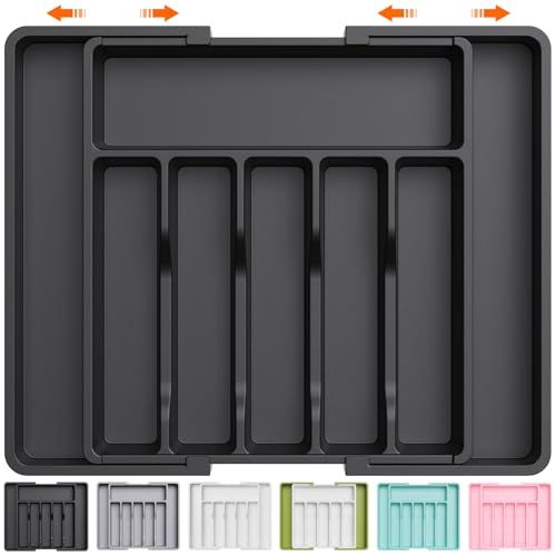 Lifewit Bestekbak voor Lade, Keuken Organizer, Uitschuifbare Besteklade Organisator, Compacte Plastic Cutlery Organiser voor Lepels en Vorken, 33-57 x 38 cm, Zwart