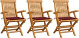 Chaises pliantes avec coussins bordeaux, 3 pièces, teck massif