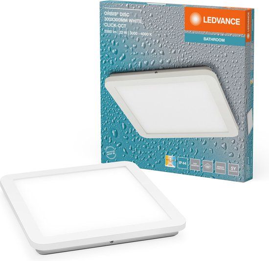 Ledvance ORBIS Disc Wand-/plafondlamp met LED, wit, 22W, 1800lm, 3000/4000K, verstelbaar via wandschakelaar met Click CCT, 30x30cm, IP44 bescherming voor badkamers