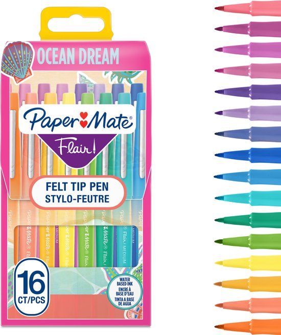 Paper Mate Flair Viltstiften | Markers met een gemiddelde punt (0,7 mm) | Assorti Oceaan Droom Kleurstiften | Voor Kinderen & Volwassenen Kleuren, Noteren & Meer | 16 Tellen
