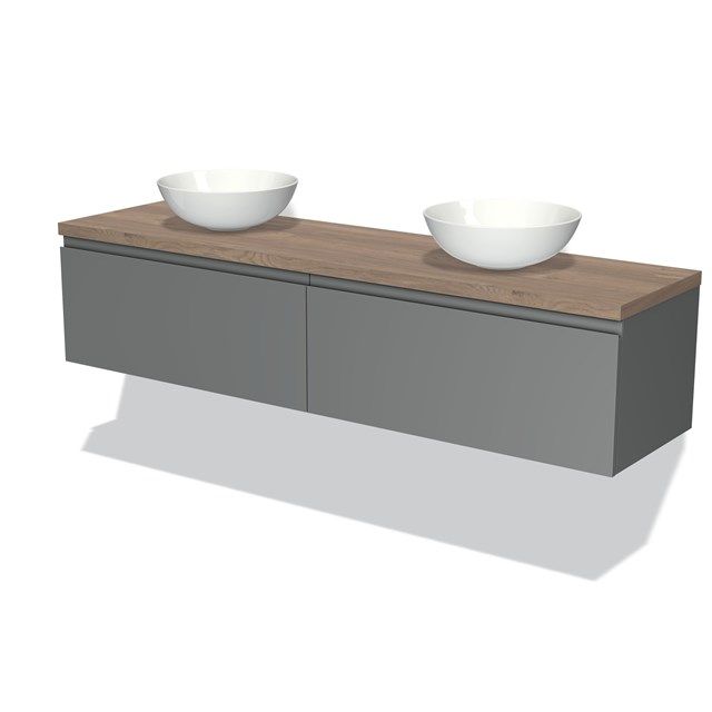 Maxaro Badkamermeubel Modulo Plato 180cm Middengrijs 2 Lades Greeploos Middenbruin Eiken Blad