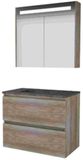 Basic-Line Premium 46 Badkamermeubelset - 80 x 46 cm - Greeploos - 2 Lades - Hardstenen Wastafel - 1 Kraangat - Spiegelkast met LED Verlichting - Scotch Oak