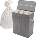 Relaxdays Wasmand 3 vakken - 105 l - opvouwbaar - bamboe - grijs