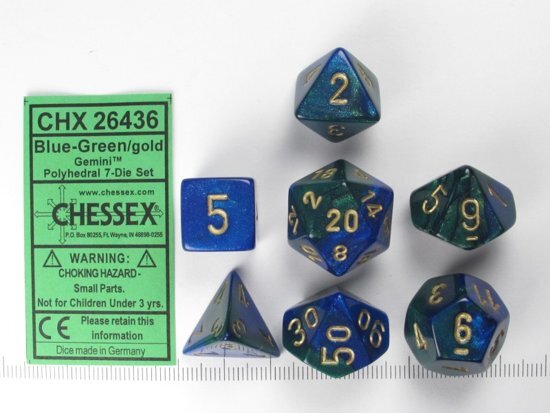 Chessex dobbelstenen set 7 polydice Gemini blue-green w/gold
