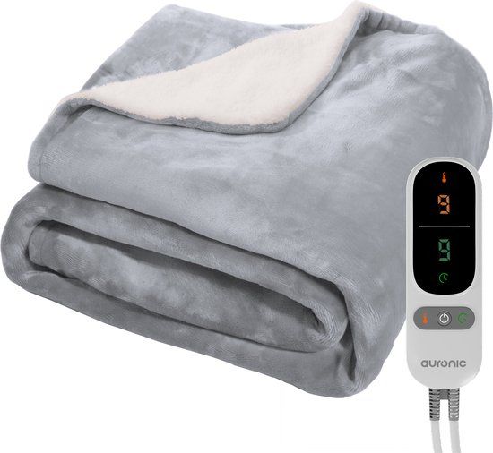 Auronic Elektrische Deken - 180 x 130 cm - 1 Persoons Warmtedeken - 3 Warmte- en Timerstanden - Verwarmingsdeken - Fleece - Grijs