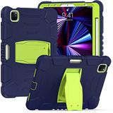 Hoes iPad Pro 12,9 inch 2021/2020/2018 (5/4/3 generatie) hoes met potloodhouder, robuuste schokbestendige beschermhoes met verborgen beugel, marineblauw + groen